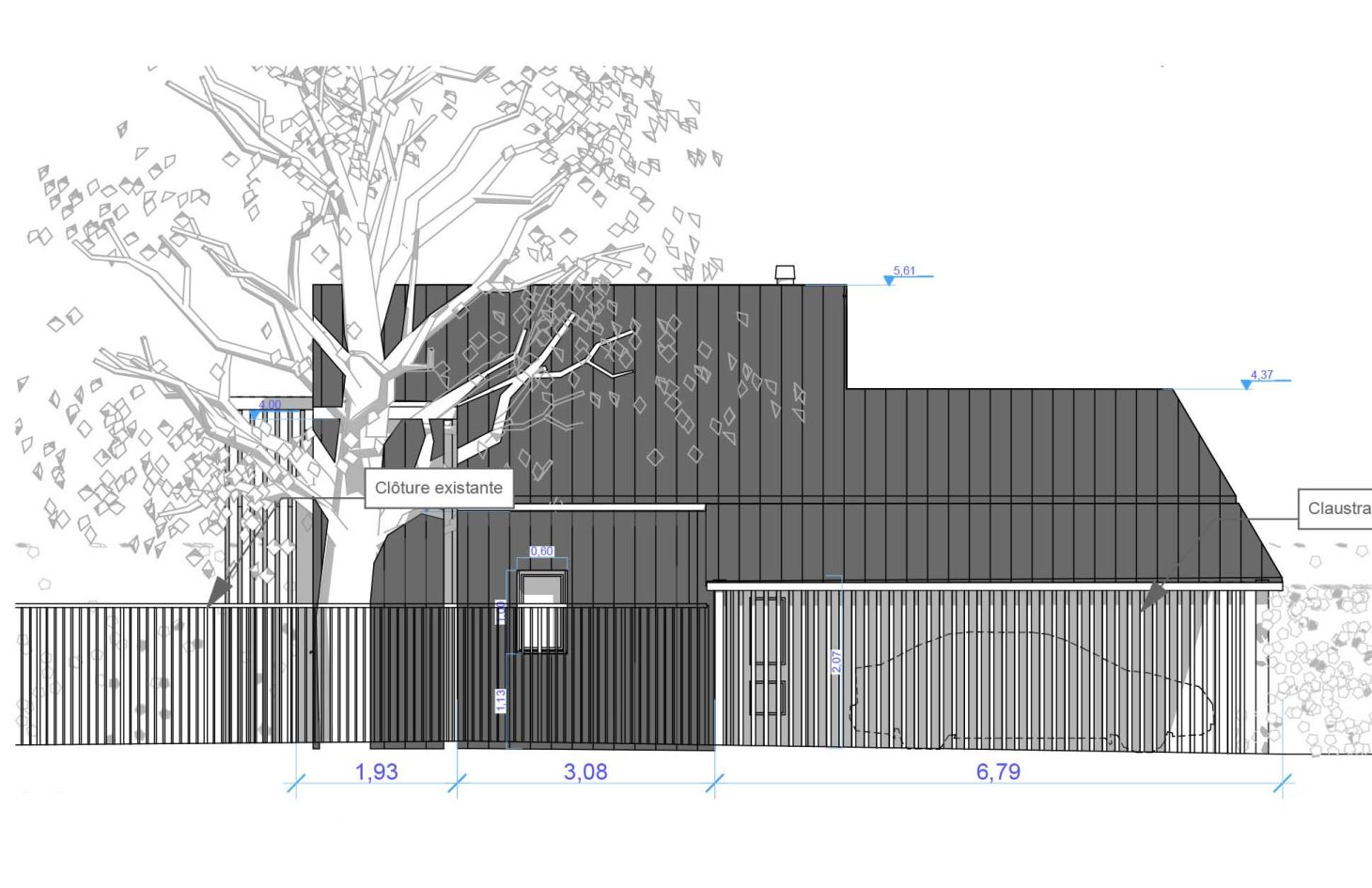 Facade Est : Construction maison bioclimatique